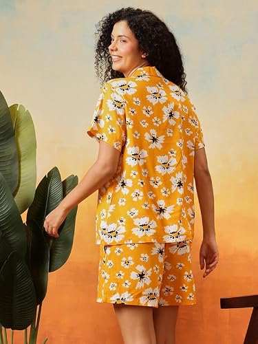 Clovia Women's Rayon Co-ord Nightwear Set – Printed Button-Down Shirt & Shorts | Lounge & Sleep Set (LS0141L02_Yellow_L)