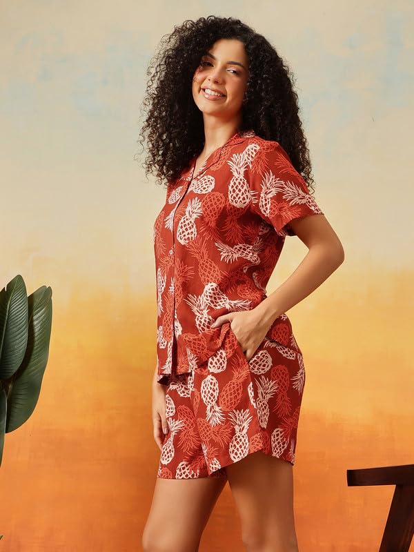 Clovia Women's Rayon Co-ord Nightwear Set – Printed Button-Down Shirt & Shorts | Lounge & Sleep Set