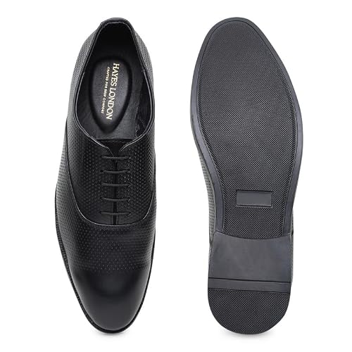 HAYES LONDON Formal Troy Shoes for Men | Black Textured Genuine Leather | Versatile Comfort | Size 8