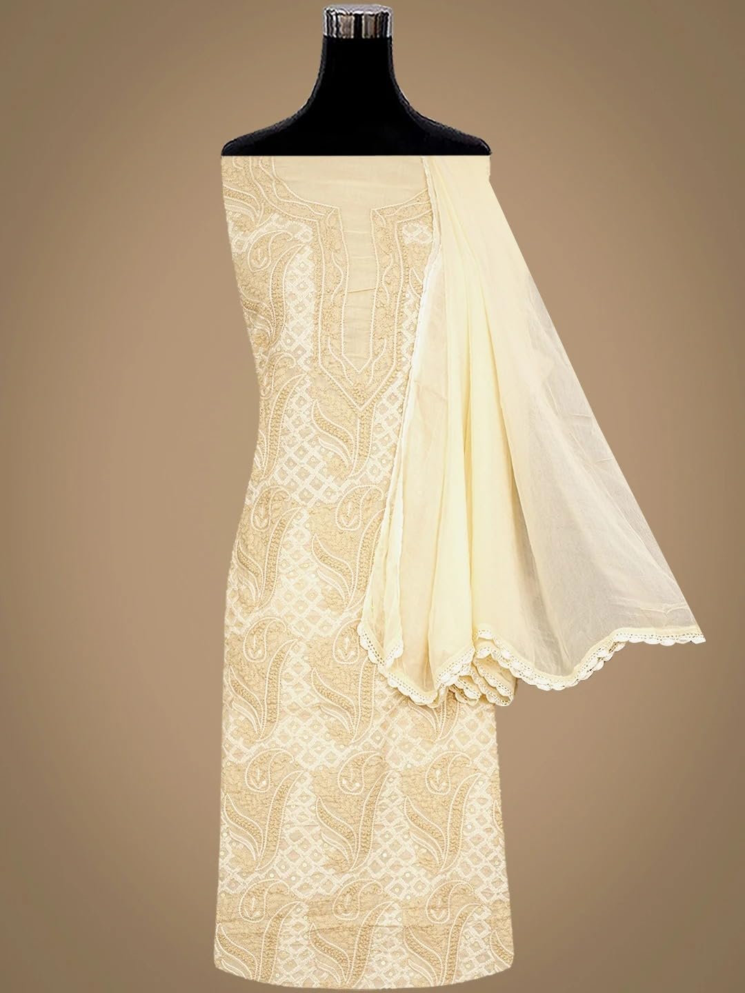 Ada Hand Embroidered Lucknowi Chikankari Unstitched Cotton Dress Material Suit Piece with Dupatta for Women 01A984806 Fawn