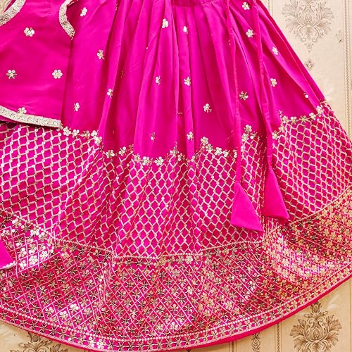 Helene Girls Taffeta Silk Embroidered Lehenga Choli South Indian Traditional Dress Kids Ethnic Wear Full Stitched Lehenga Choli Set (Pink, 7-8 Years)