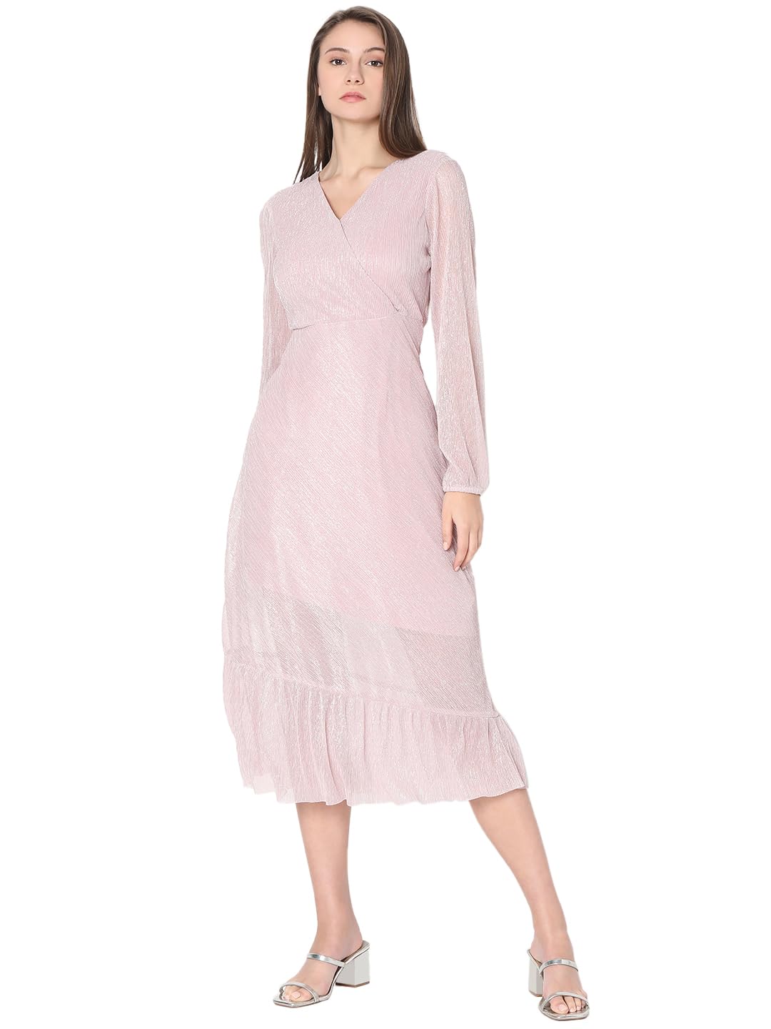 VERO MODA Women Embellished Pink Polyester Below Knee Length A-Line Dress