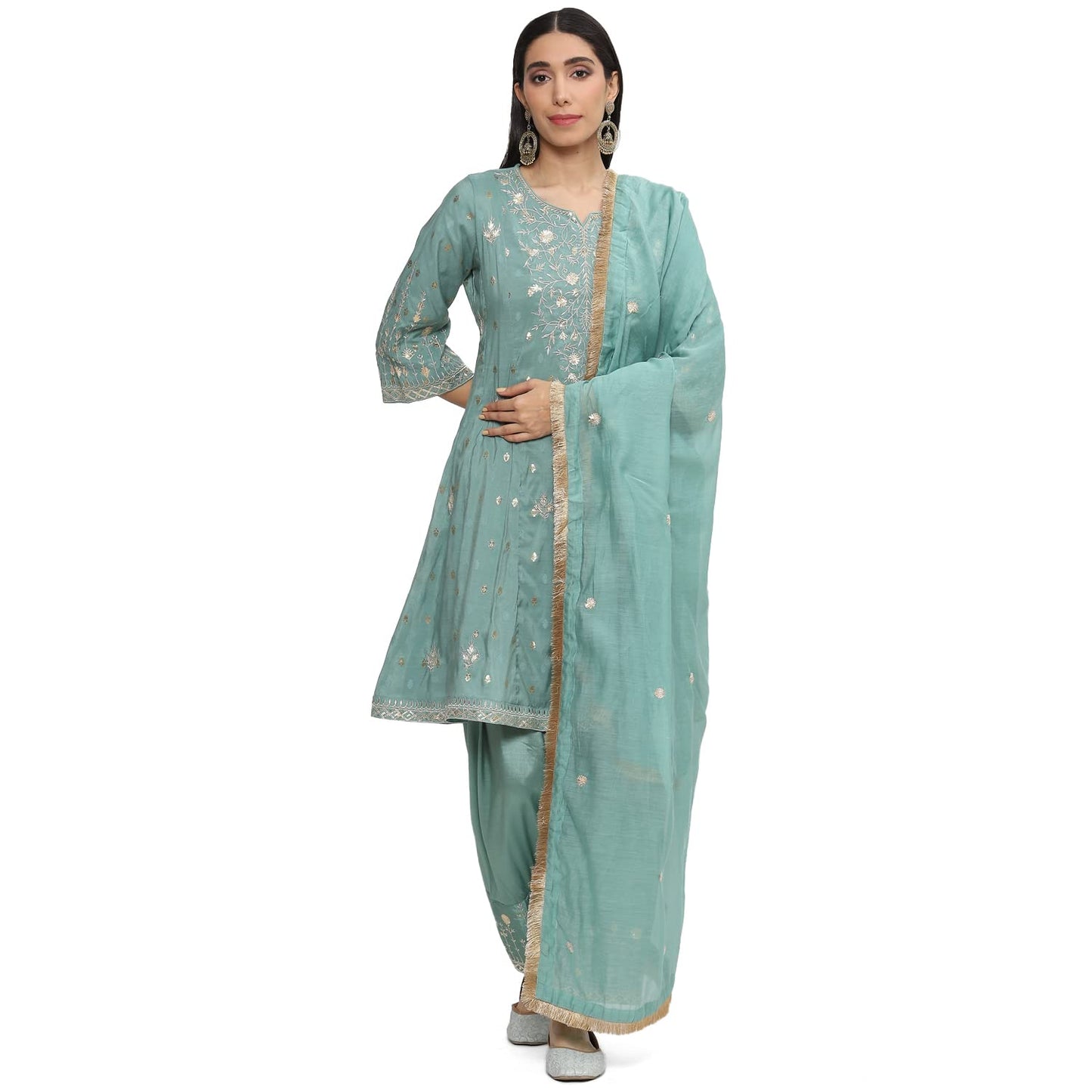 BIBA Cotton Blend Women Embroidery Relaxed Salwar Kurta Dupatta(Skdkiran8469_Sap Green_38)