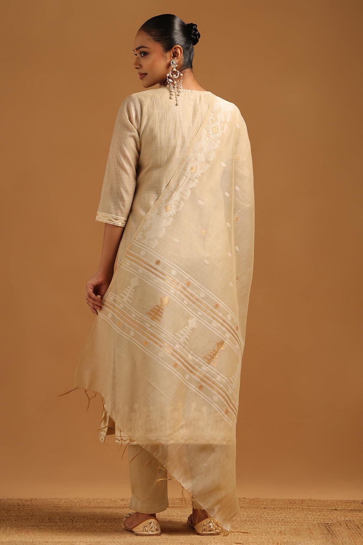 Soch Womens Beige Linen Floral Salwar Suit With Thread Work