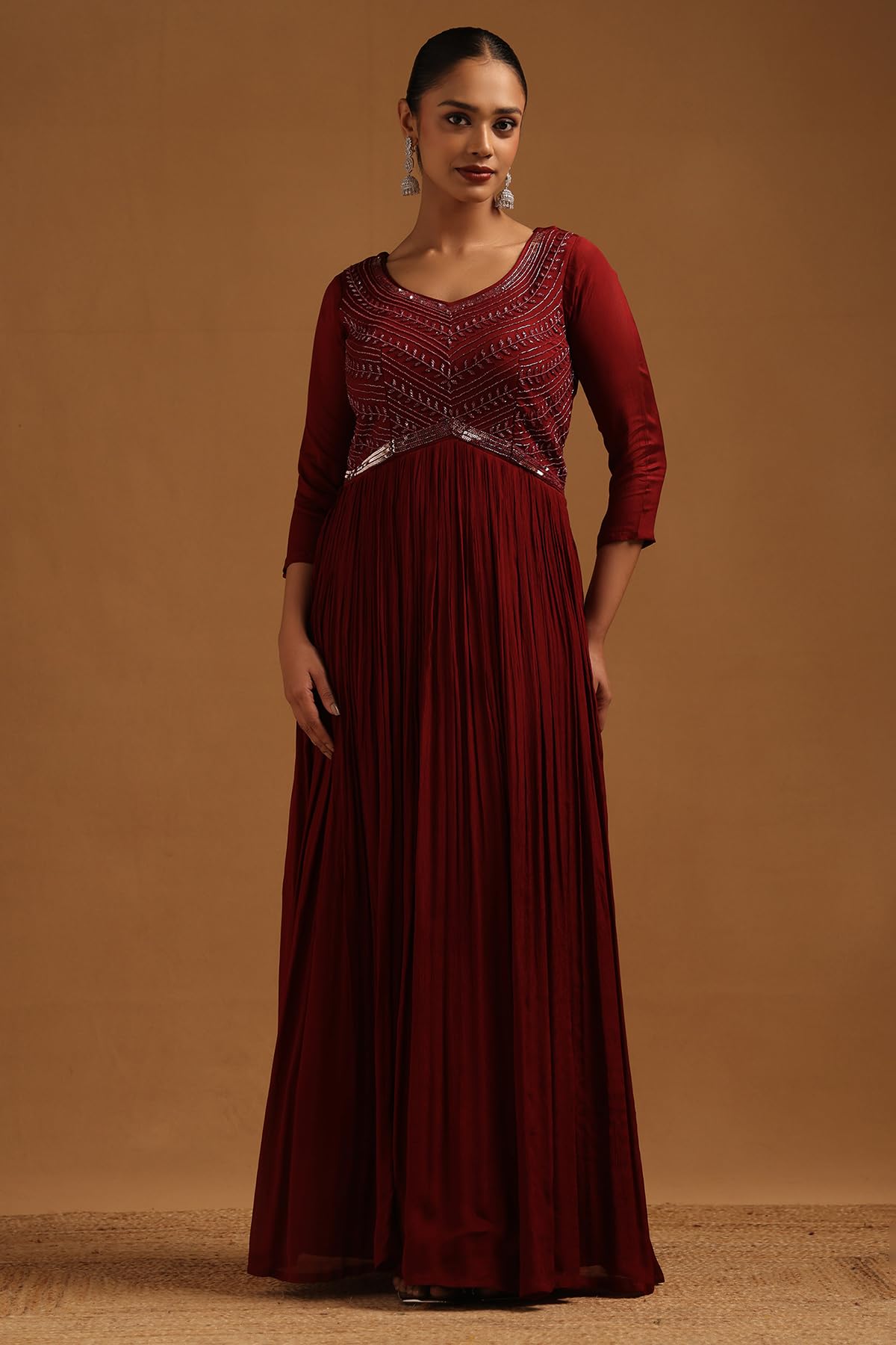 Soch Womens Maroon Chinon Embellished Gown with Cutdana