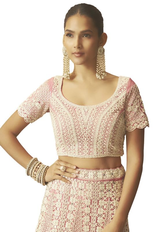 Soch Womens Pink Net All-Over Embroidered Unstitched Lehenga Set with Stonework