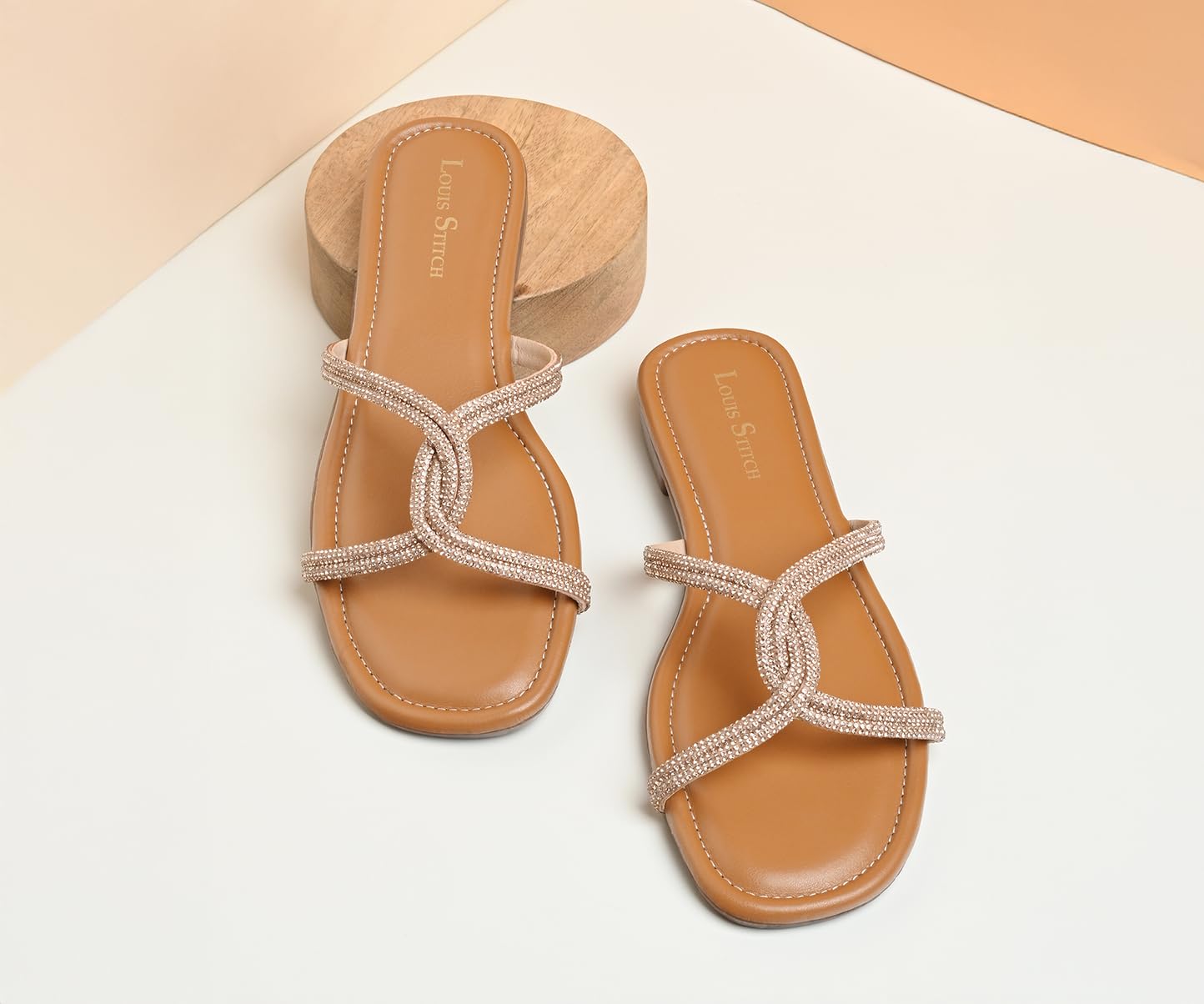 LOUIS STITCH Women's Fashion Flat Peach Pink Slip-On Sandals | Open Toe Cross Strap Flat Slipper for Ladies | LSOF-LDSL-CRCSSUL