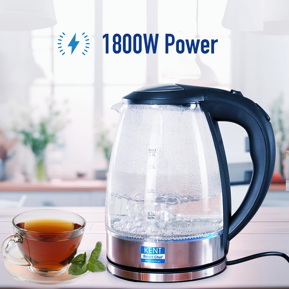 KENT Elegant Electric Glass Kettle (16052), 1.8L, Stainless Steel Heating Plate, Borosilicate Glass Body, Boil Drying Protection