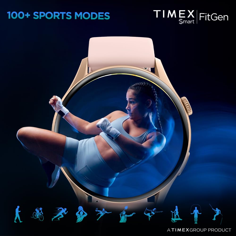 Timex FitGen 1.43" Round AMOLED Smartwatch with 466x466 Pixel Resolution|Single Sync Bluetooth Calling|Rotating Crown| Metallic Body|AI Voice Assist|100+ Sports Modes|Upto 7 Days Battery(Normal Usage)