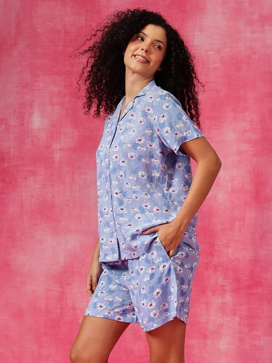 Clovia Women's Rayon Printed Button-Down Shirt & Shorts Set in Blue