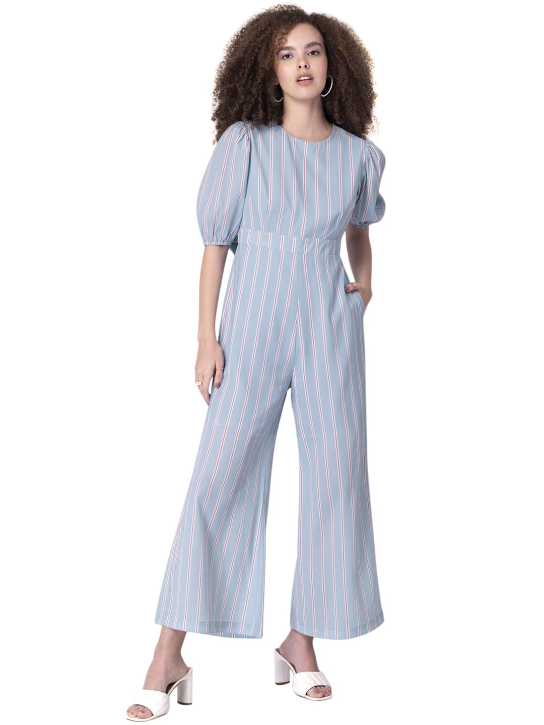 FabAlley Blue Striped Back Cut Tie Up Jumpsuit