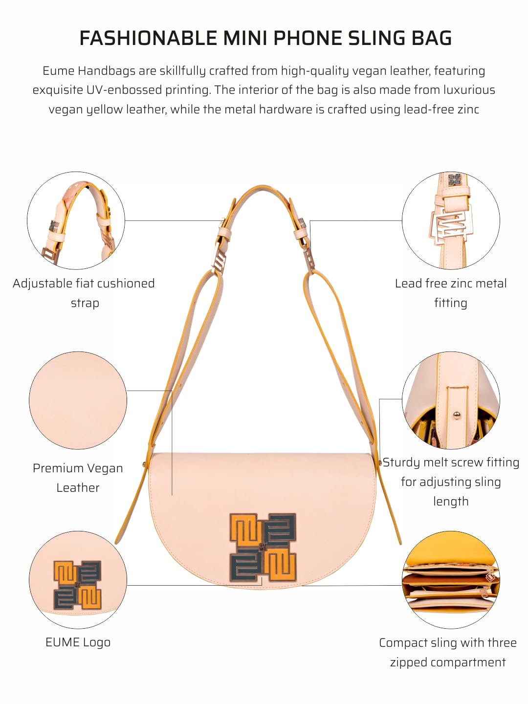 EUME Skin Collection Pecan Sling Bag for Women Stylish, Blush Pink | Vegan Leather Women Handbag | Adjustable Sling Strap | Cross Body Bag | Ladies Shoulder Bag |