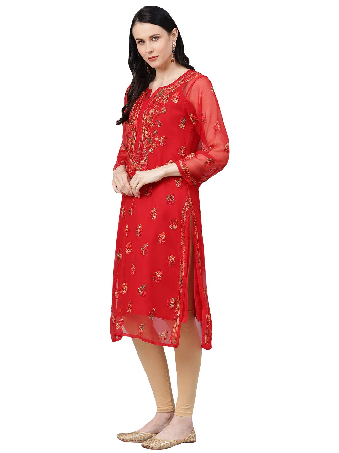 Ada Lucknowi Chikankari Faux Georgette Hand Embroidery Kurta with Slip for Women 5XL411155 Red