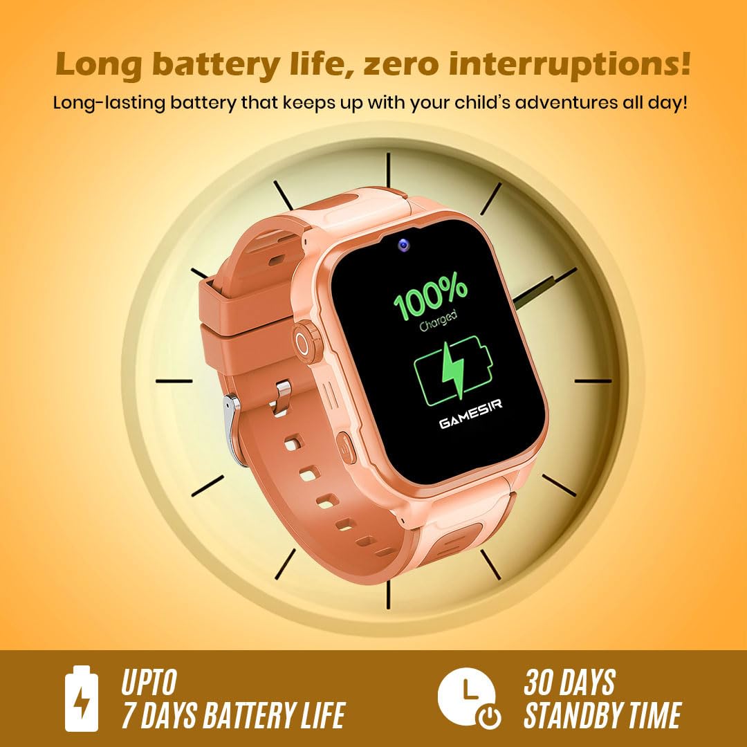 GameSir Safeguard Kids Smart Watch 5G/4G with SIM Calling, 800mAh Battery, GPS Tracker, SOS Alerts, Video Calling, Face Unlock, Voice Chat, Games, IP67 Waterproof (Orange)