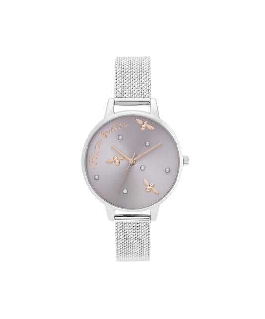 Olivia burton Pearly Queen Qtz Basic Purple & Fake Pearl & Bee Round Dial Women's Watch|Stainless Steel Material|Silver Color Band - OB16PQ01