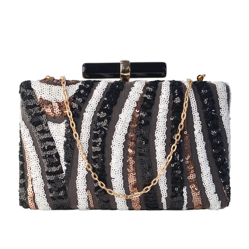 Black Box Shaped Clutch With Golden, White And Silver Work