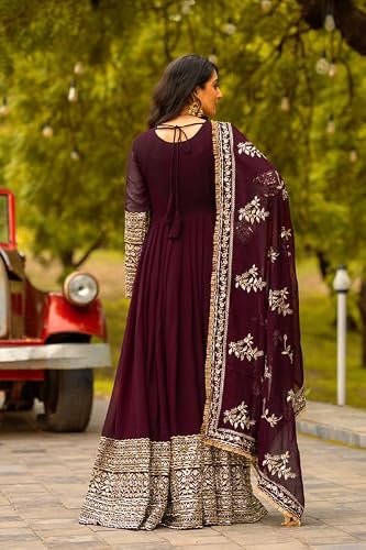 Brulry Women's Maroon Color Georgette V-Neck Ankel Length Anarkali Kurta Pant With Dupatta