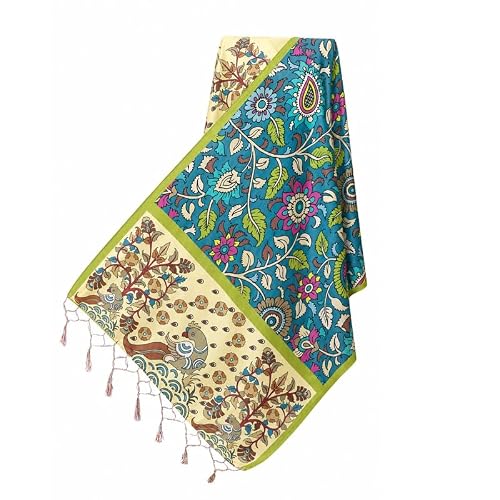 SHANTVAN GALLERY Women’s Malai Silk Dupatta | Floral & Kalamkari Prints Traditional Ethnic Wear | Soft, Lightweight Designer Stole with Tassel Border for Suit, Kurti & Festive Gowns | Bright Turquoise