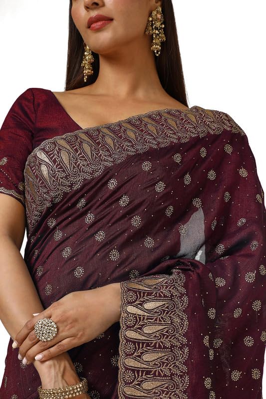 Soch Womens Maroon Tussar Embroidered Saree With Stone Work