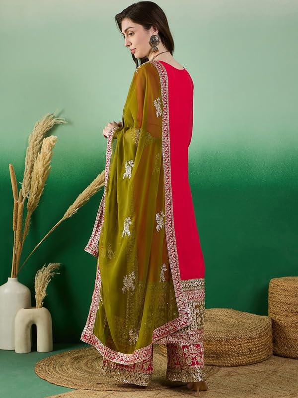 Brulry Women's Pink Color Georgette Round Neck straight Kurta Pant With Dupatta