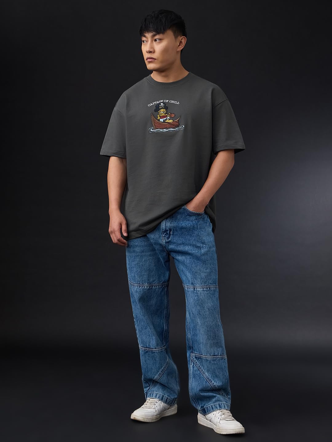 The Souled Store Garfield: Captain of Chill Men and Boys Short Sleeves Round Neck Charcoal Grey Embroidered Pirate Graphic Casual Lightweight Easy to Style Casual Cotton Oversized T-Shirt