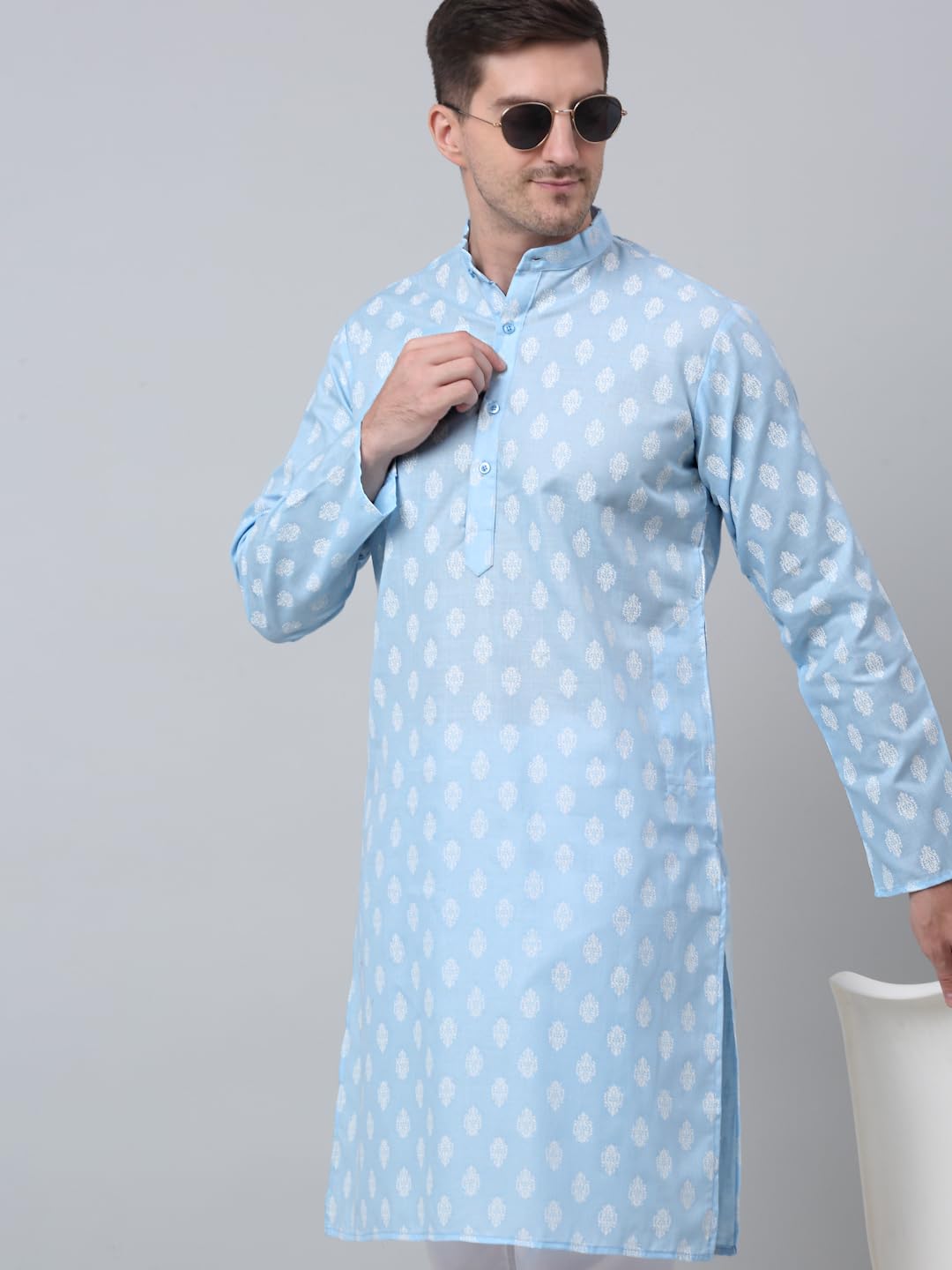 Jompers Floral Printed Kurta with Churidar for Men (Sky Blue, L)