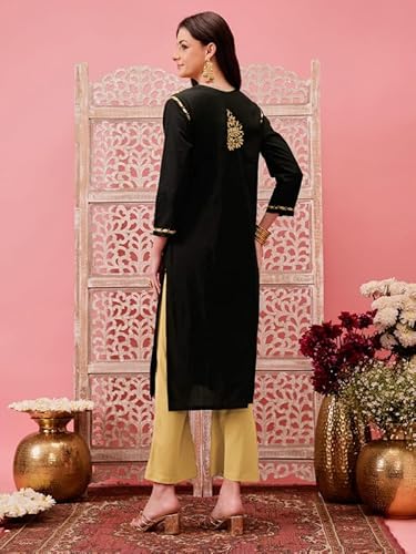 Ada Hand Embroidered Lucknowi Chikankari Cotton Kurti Kurta for Women A411773 Black & Fawn (4XL)