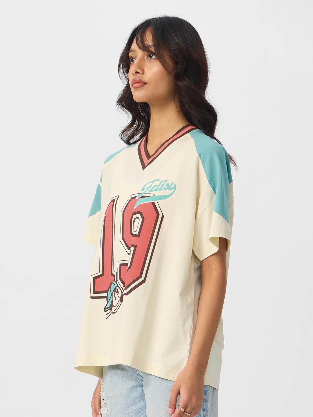 The Souled Store Felix The Cat: Feline Force Women and Girls Short Sleeve Round Cotton Oversized T-Shirts Off White