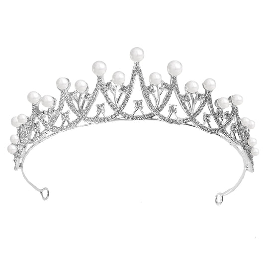 Peora Silver Plated Cubic Zirconia & Pearl Studded Princess Tiara Crown Hair Accessory for Girls & Women