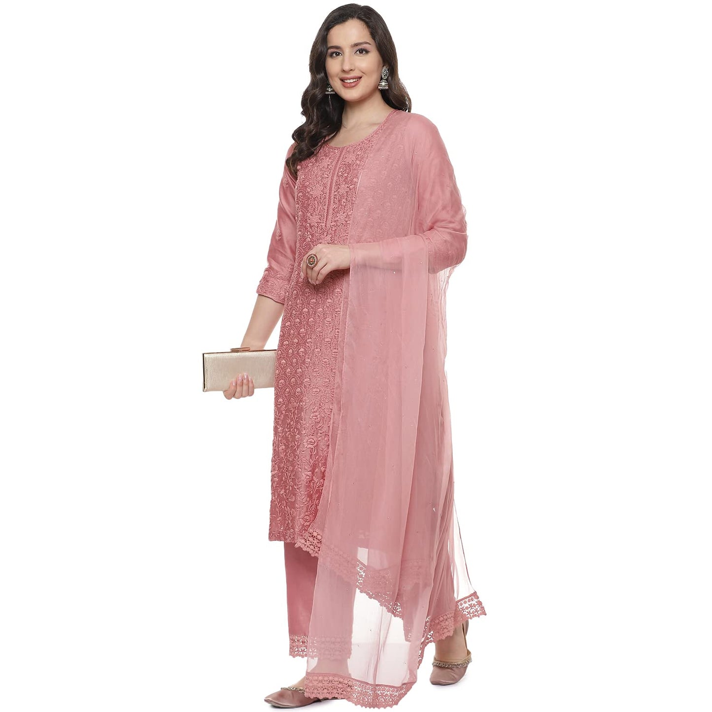 BIBA WOMEN EMBROIDERY STRAIGHT SALWAR KURTA DUPATTA(SKDCHIKANKA7220_ONION PINK_42)