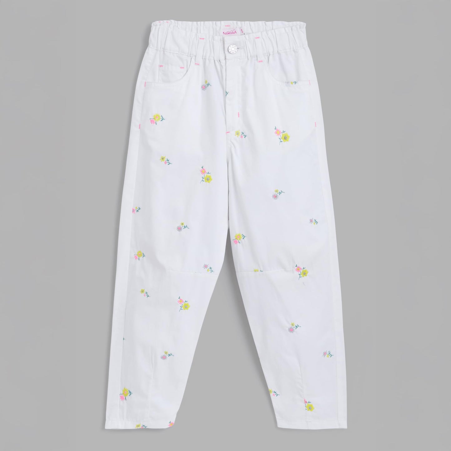 Hopscotch Girls Floral Print Embroidered Denim Jeans (4-5 Years) White