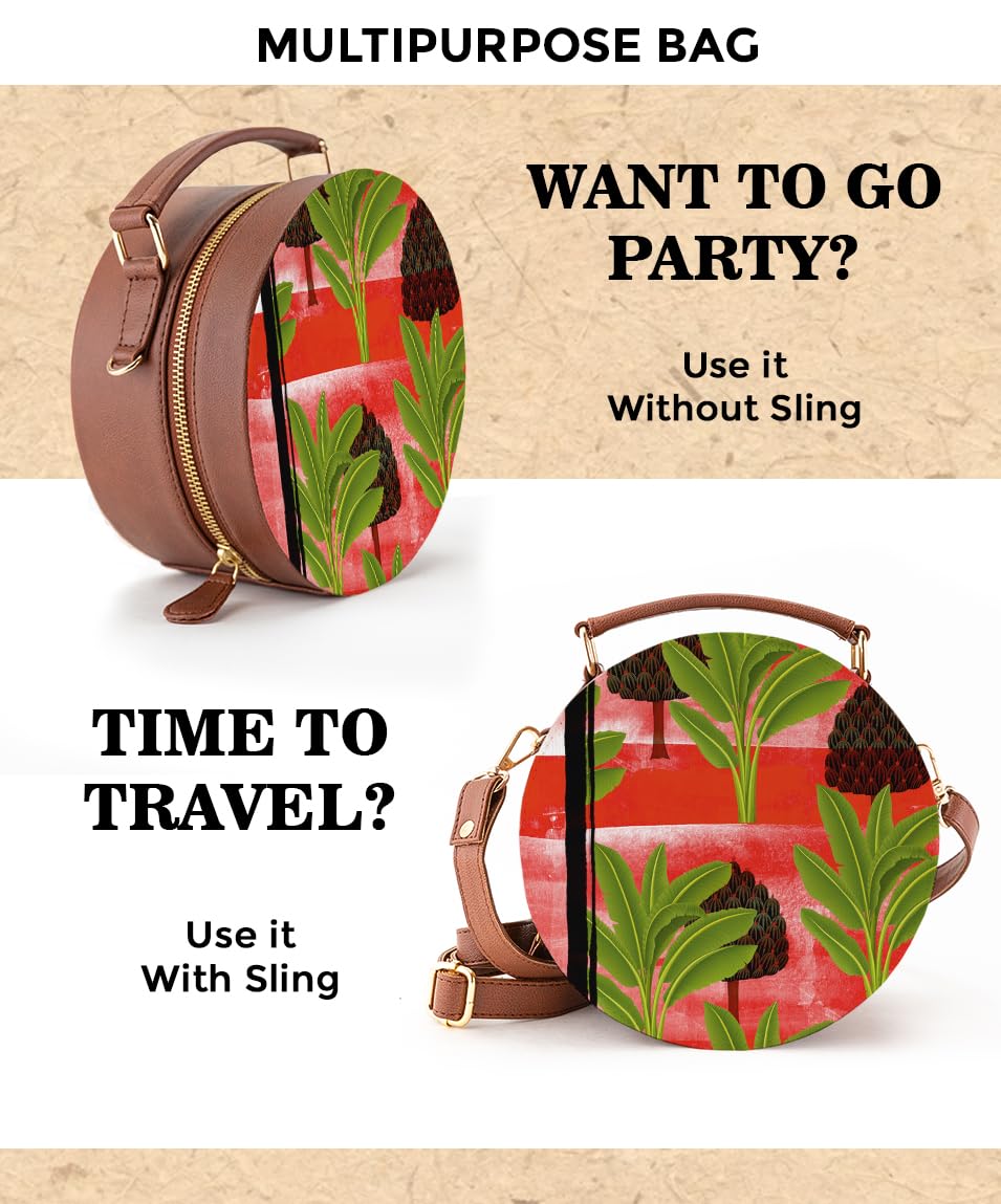 Kalankit Round Sling Bag for Women & Girls | Stylish Vegan Leather Crossbody Purse | Side Bag with Strap | Valentine Gift | Birthday Present | Travel-Friendly | Trees Garden