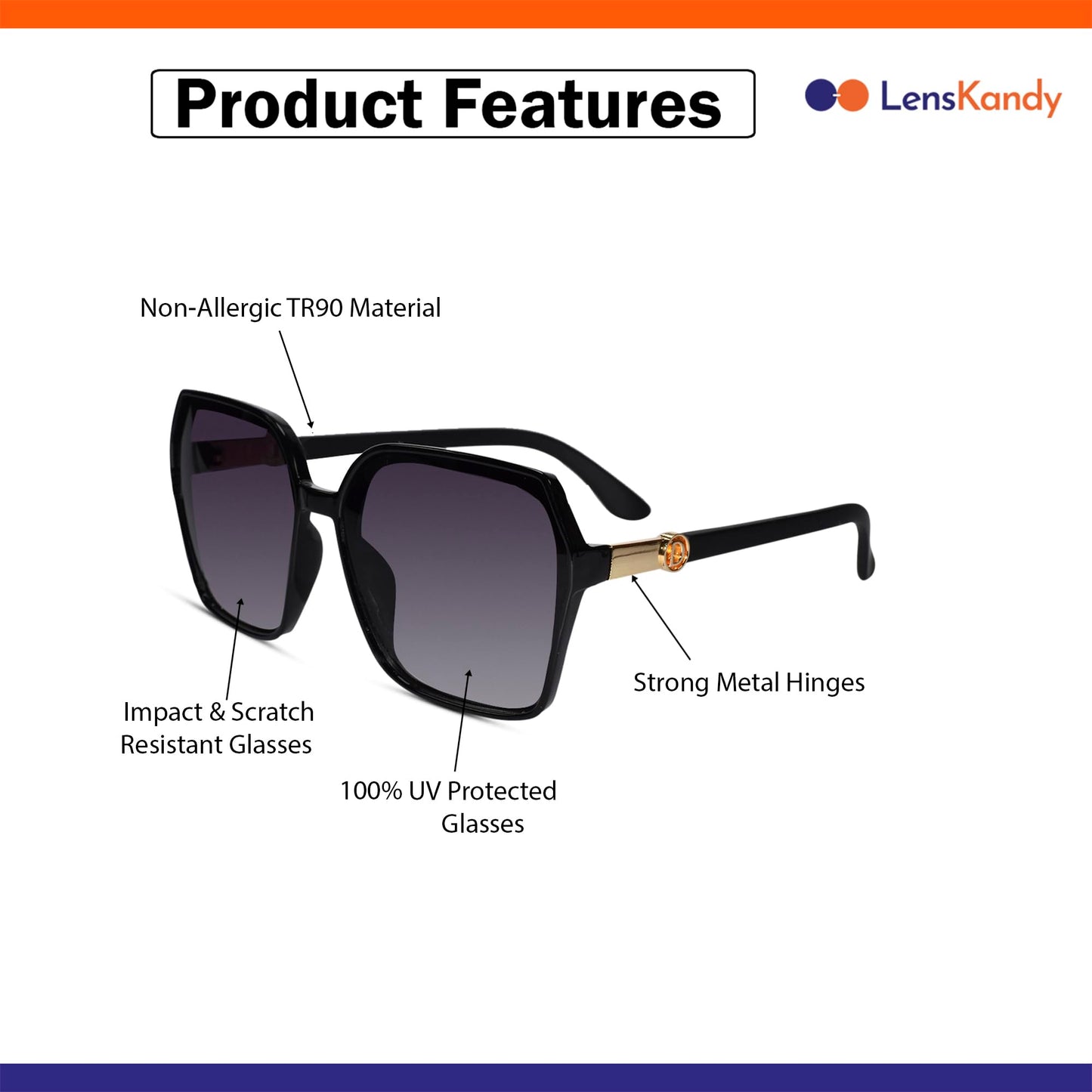 LensKandy 100% UV Protected Oversized Square Sunglasses for Women | 2171-Black