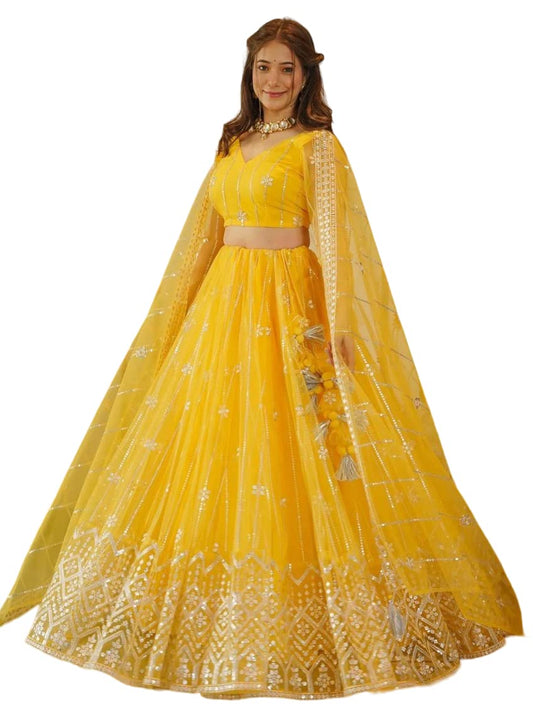 Fashion Basket Net Yellow Lehnega Choli For Womens (FB-LH-L8265-Yellow)