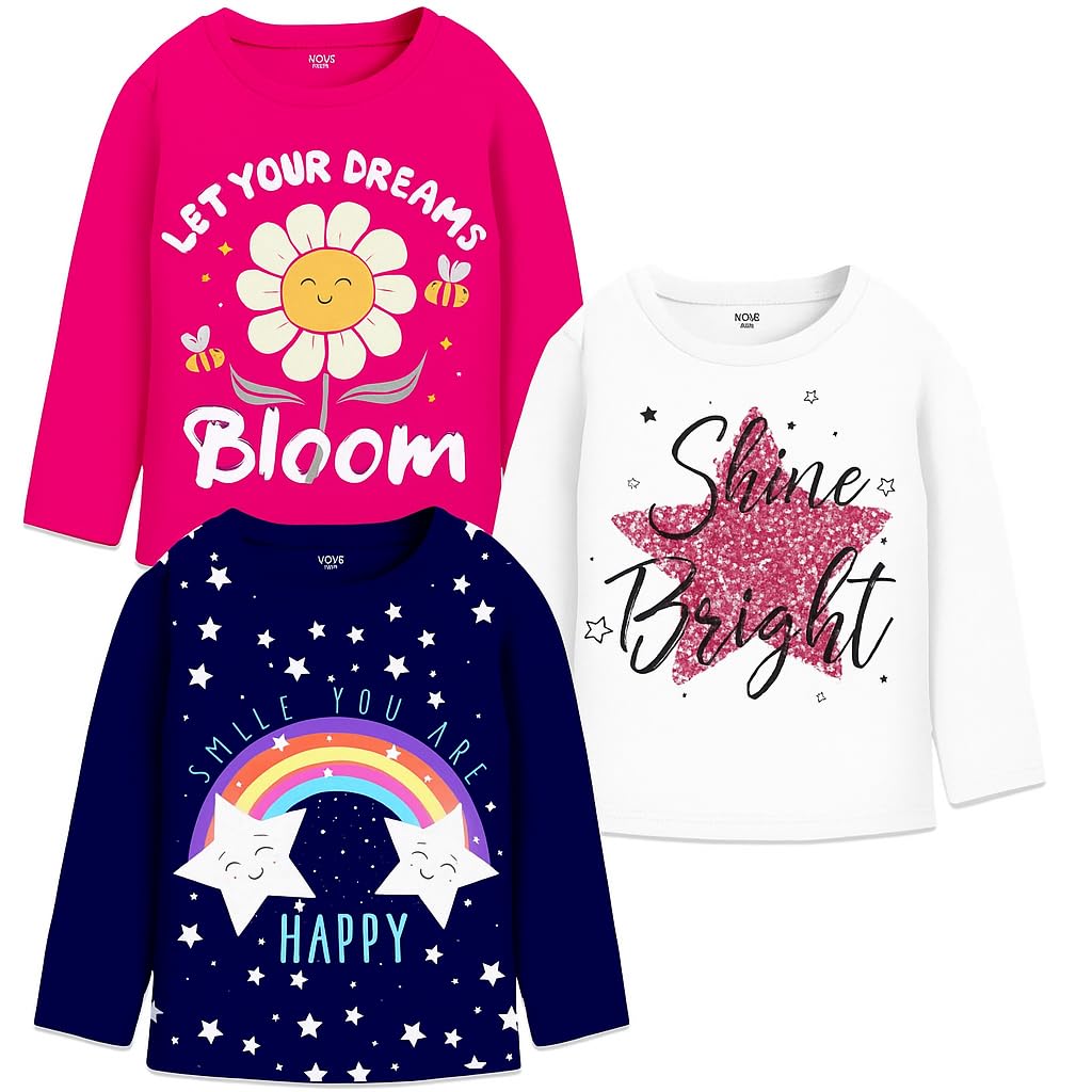 Berry Joy Kids Girls Full Sleeves Regular Fit Cotton T-Shirt - Pack of 3 | Full Sleeves Tshirt for Girls Multicolour