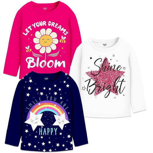 Berry Joy Kids Girls Full Sleeves Regular Fit Cotton T-Shirt - Pack of 3 | Full Sleeves Tshirt for Girls Multicolour
