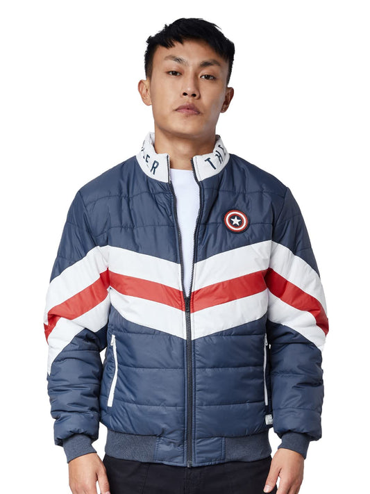 The Souled Store| Official Captain America: Blue & Red Mens and Boys Jackets|Full Sleeve|Regular fit Graphic Printed| 100% Polyester Multicolored Men Puffer Jackets