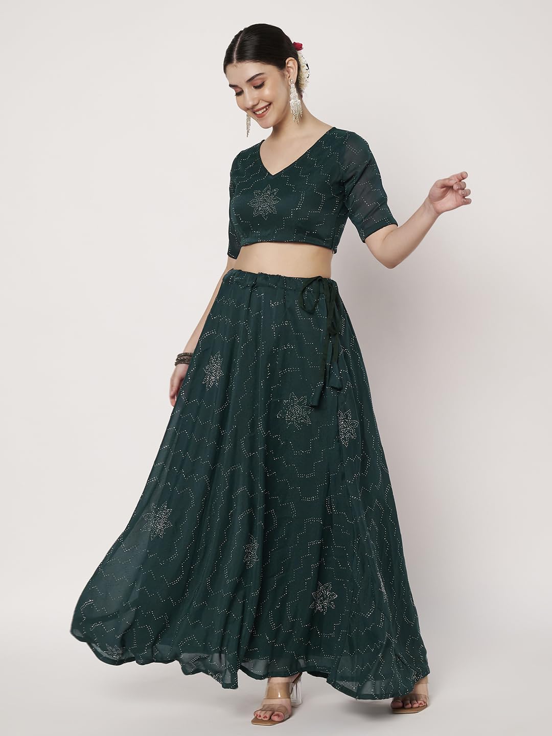 studio rasa Women's Silk Blend Embellished Bias Skirt for Wedding Festive Party (SKTC72517M_Green_Medium)