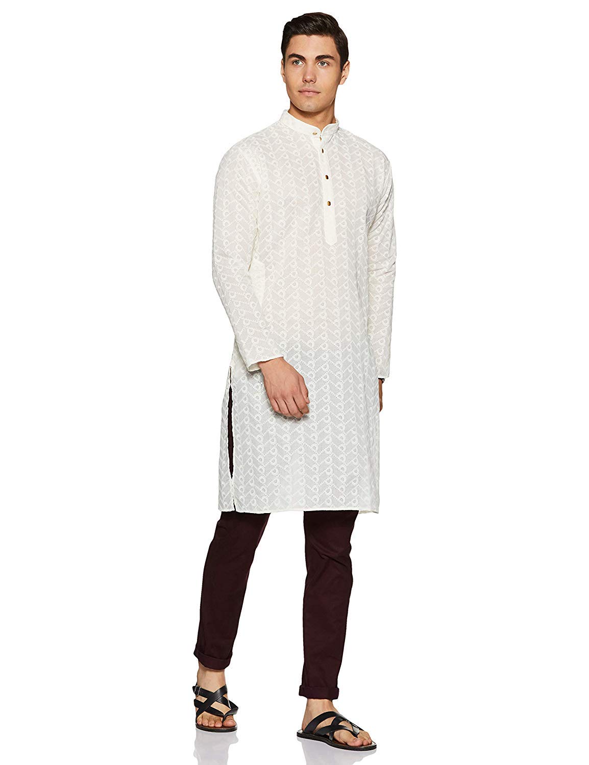 Royal Kurta Mens Chikan Embroidered Cotton Kurta Beige