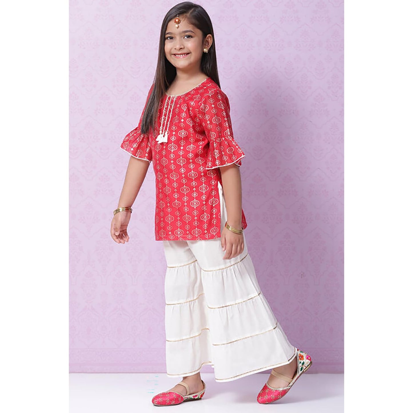 BIBA Girls Polyester Flared Printed Suit Set(KW5065E_11_Red)