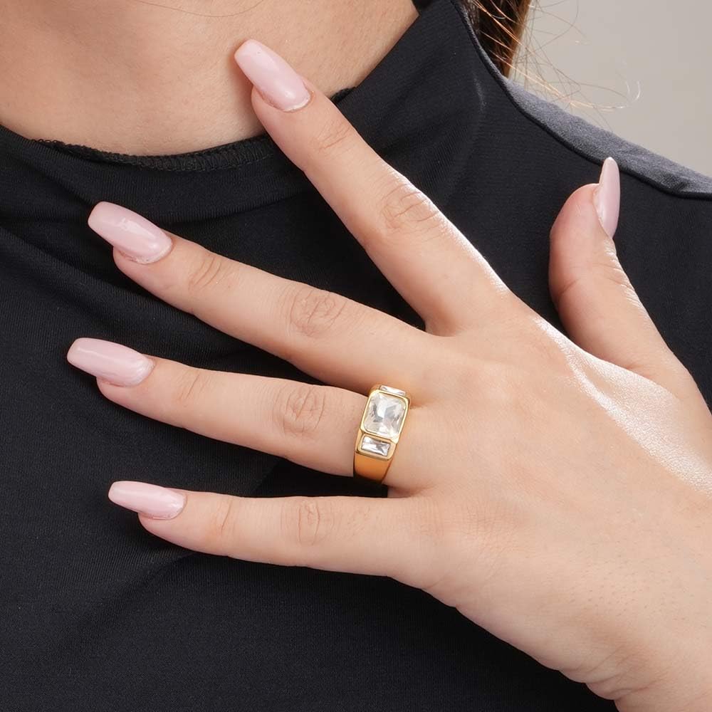 PALMONAS Zircon Studded Gold Chunky Ring for Womens - Waterproof & Anti-Tarnish (Size-8)
