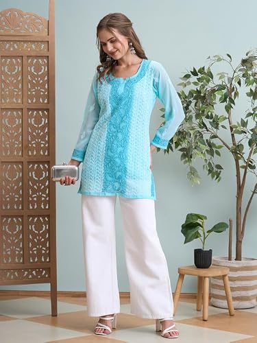 Ada Hand Embroidered Lucknowi Chikankari Georgette Short Kurti Top Tunic for Women A911519 Blue (L)