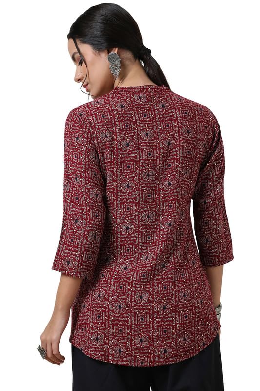 Soch Womens Wine Rayon Slub Abstract Print Tunic with Mandarin Collar