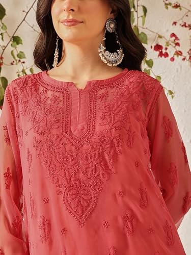 Ada Faux Georgette Short Kurti with Slip Hand Embroidered Lucknowi Chikankari Top Tunic for Women A911557 (2XL, Carrot Pink)