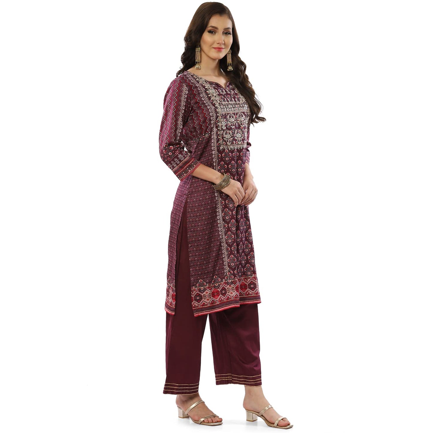 BIBA WOMEN PRINTED NARROW SALWAR KURTA DUPATTA(SKDINAYAT8188_WINE_38)