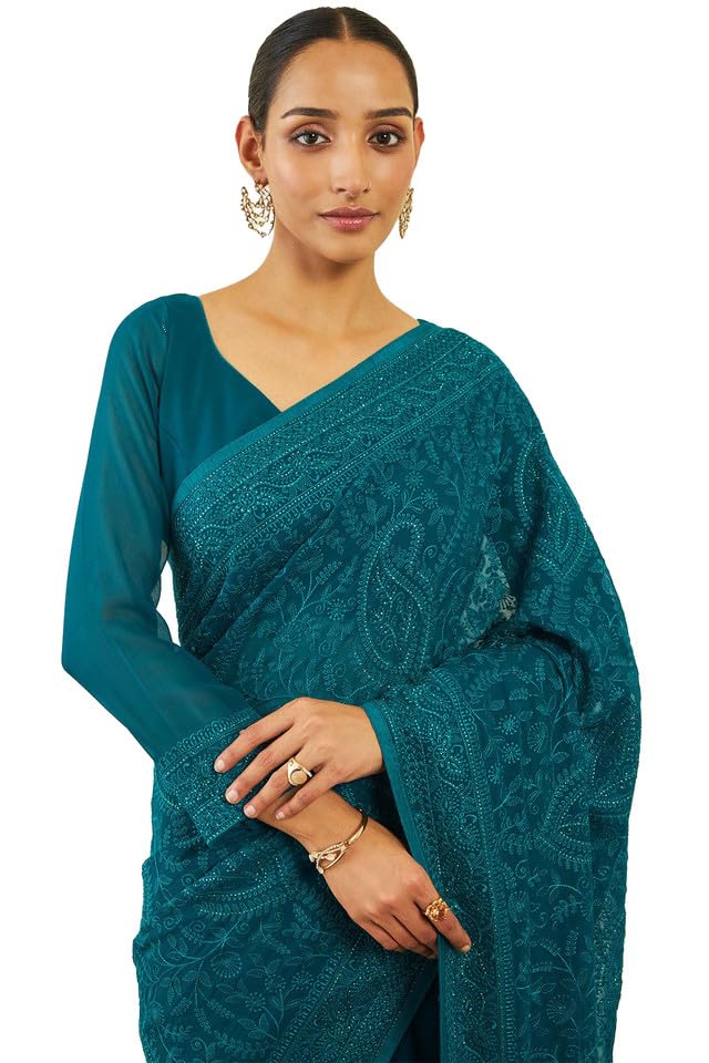 Soch Womens Teal Georgette Saree With Paisley Embroidery And Stone