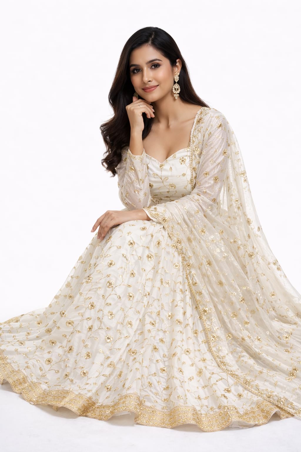 Glinty Chic Women's White and Gold Embroidered Anarkali Gown with Dupatta, Floral Sequin Work, Sweetheart Neck, Ethnic Wear (in, Alpha, S, Regular)