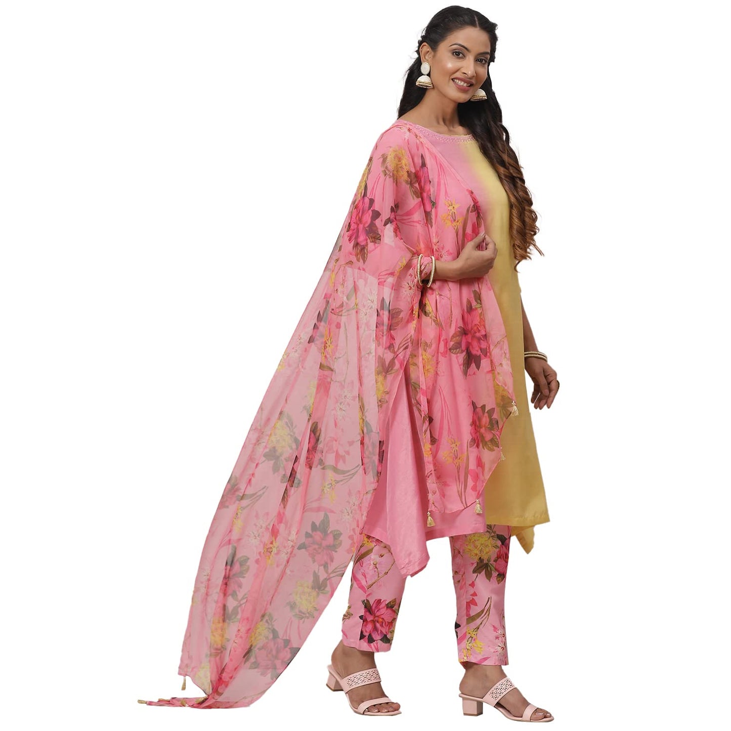 BIBA WOMEN PRINTED NARROW SALWAR KURTA DUPATTA(SKDCANDY KU7888_YELLOW-PINK_32)