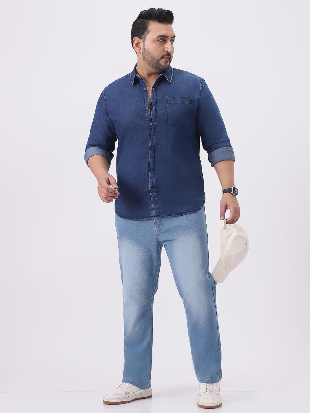 Urbano Plus Men's Dark Blue Regular Fit Full Sleeve Washed Denim Shirt (plusshirtdentowlp-02-dblue-4xl)