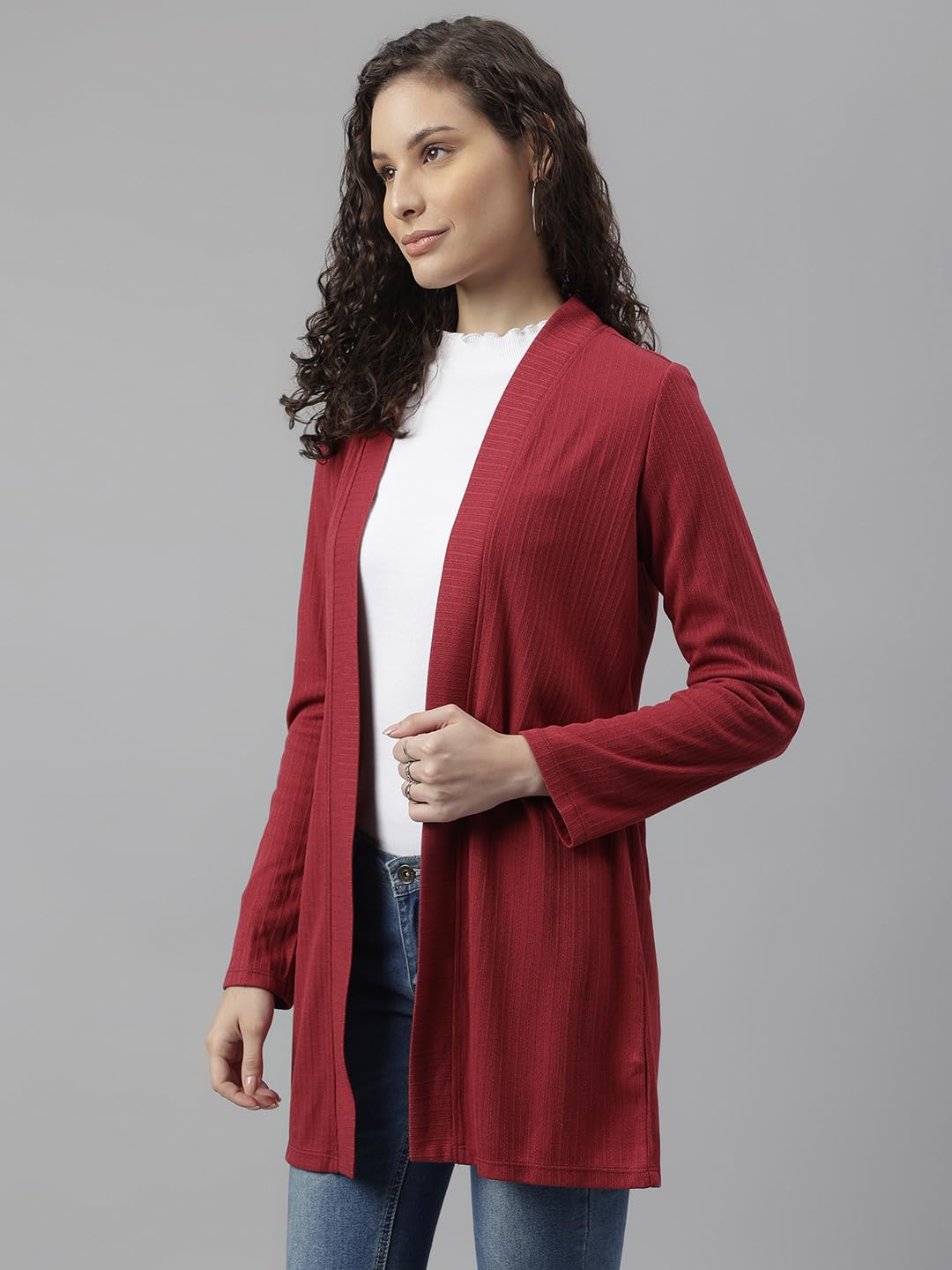 Latin Quarters Women Maroon Full Sleeves Solid Casual Shrug_XL